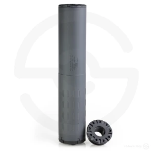 Front view of the SilencerCo Hybrid 46 Suppressor in black over a white background with end caps.