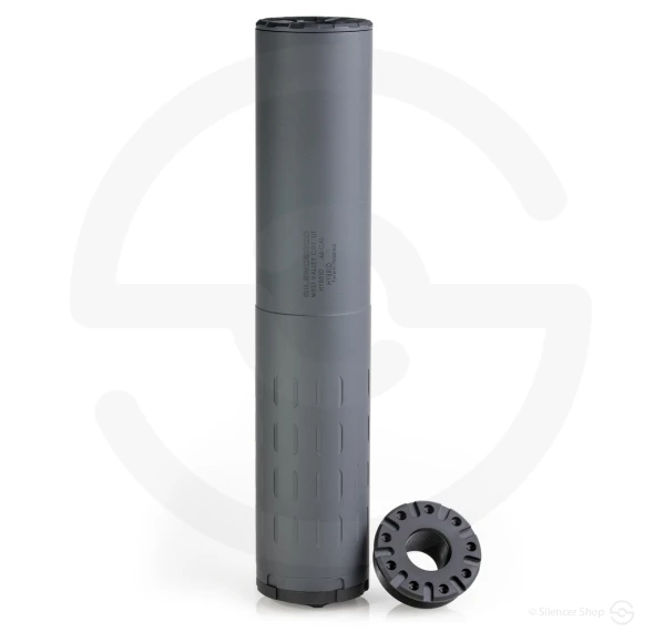 Front view of the SilencerCo Hybrid 46 Suppressor in black over a white background with end caps.