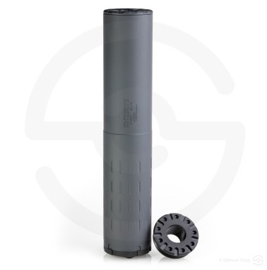 Front view of the SilencerCo Hybrid 46 Suppressor in black over a white background with end caps.